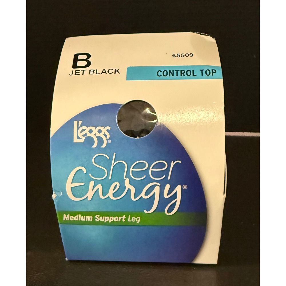 L'eggs Size B Pantyhose Jet Black Sheer Energy Control Top Medium Support NEW